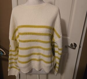 Women's Cream Crop Sweater with Lime Green Stripes